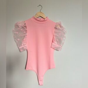 Women’s Pink Bodysuit with Sheer Polka Dot Sleeves